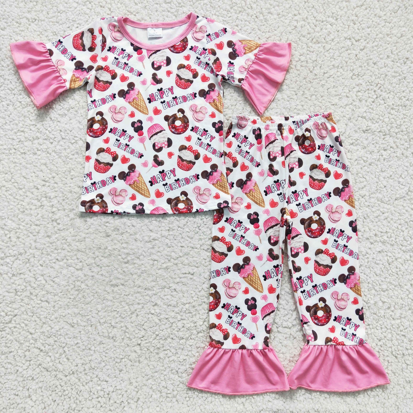 Promotion Baby Girl Short Sleeves Birthday Cakes Pants Pajamas Outfit RTS
