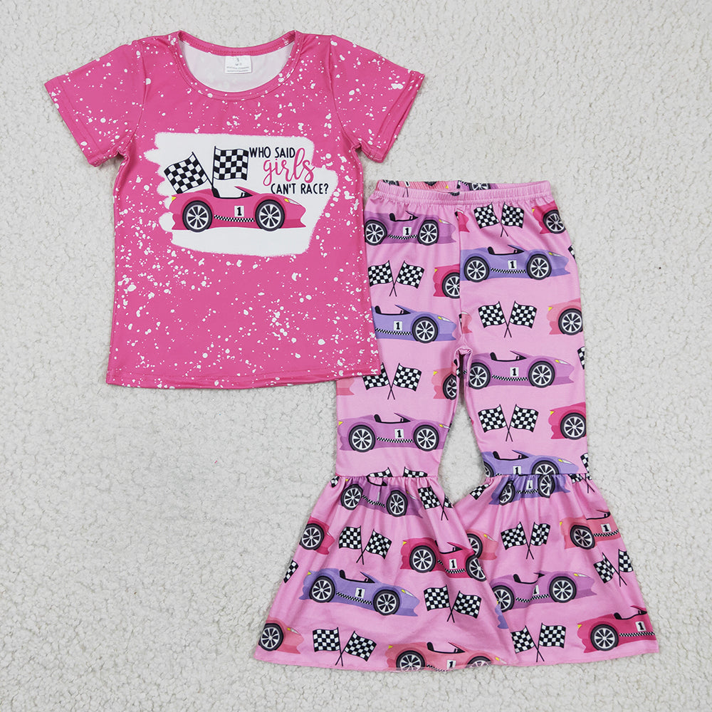Promotion Baby Girl Pink Short Sleeves Shirt Car Bell Pants Set