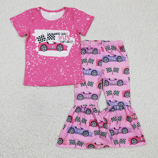 Promotion Baby Girl Pink Short Sleeves Shirt Car Bell Pants Set