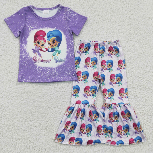 Promotion Baby Girl Purple Short Sleeves Shirt Bell Pants Birthday Outfit RTS