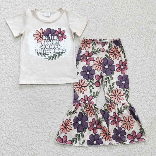 Promotion Baby Girl Short Sleeves Shirt Flower Bell Pants Set