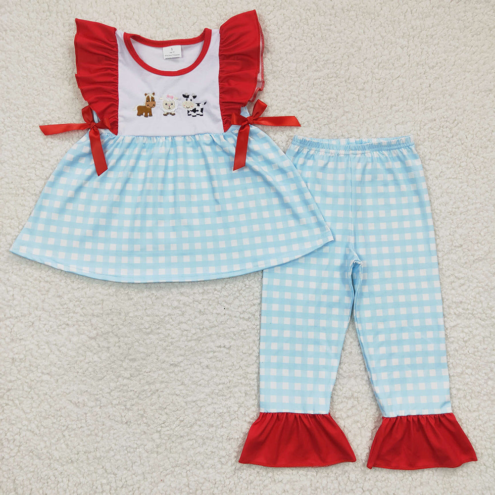 Baby Girl Short Sleeves Embroidery Farm Animals Plaid Sibling Romper Clothes Set