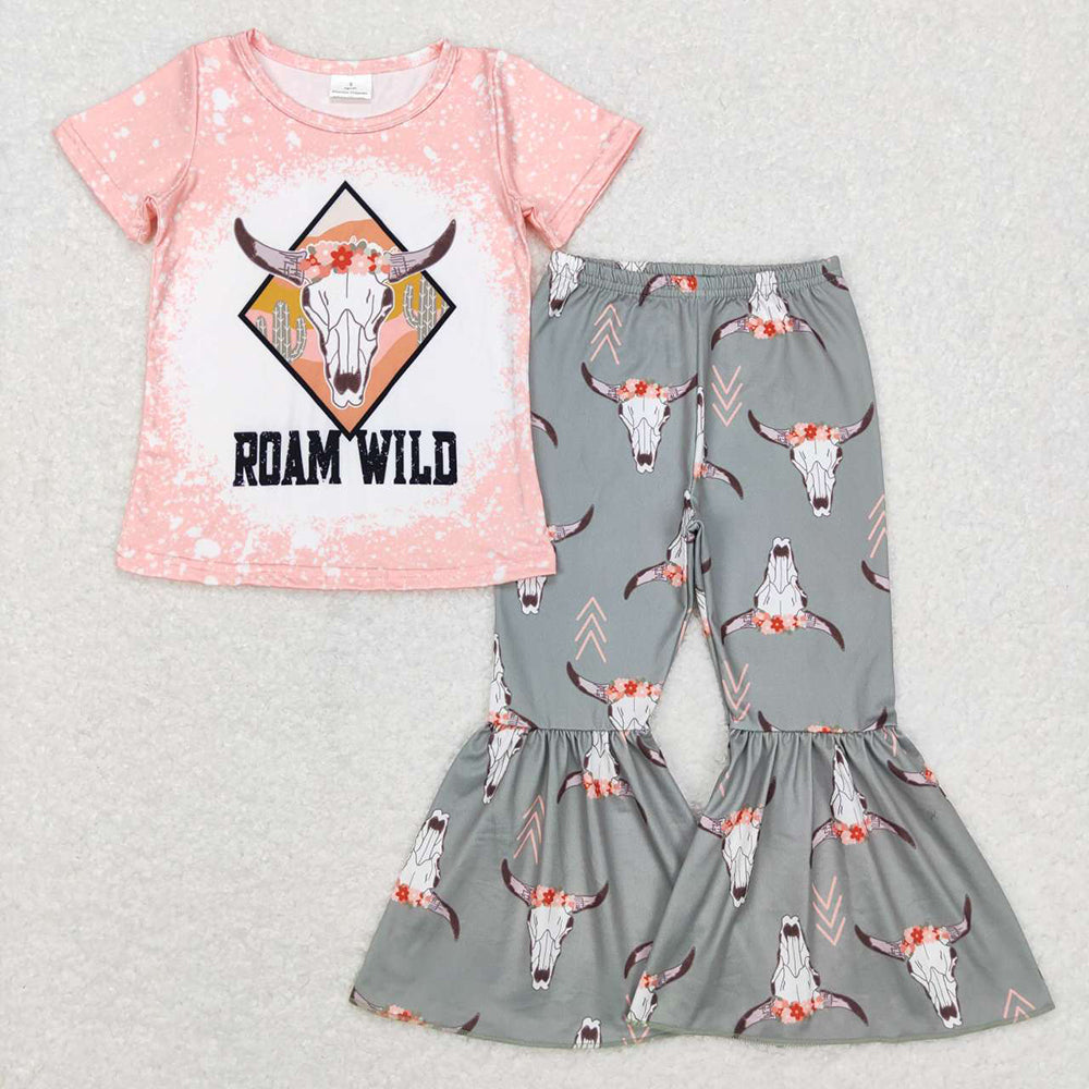Baby Girl Short Sleeves Western Cactus Cow Shirt Bell Pants Sibling Outfit Clothes RTS