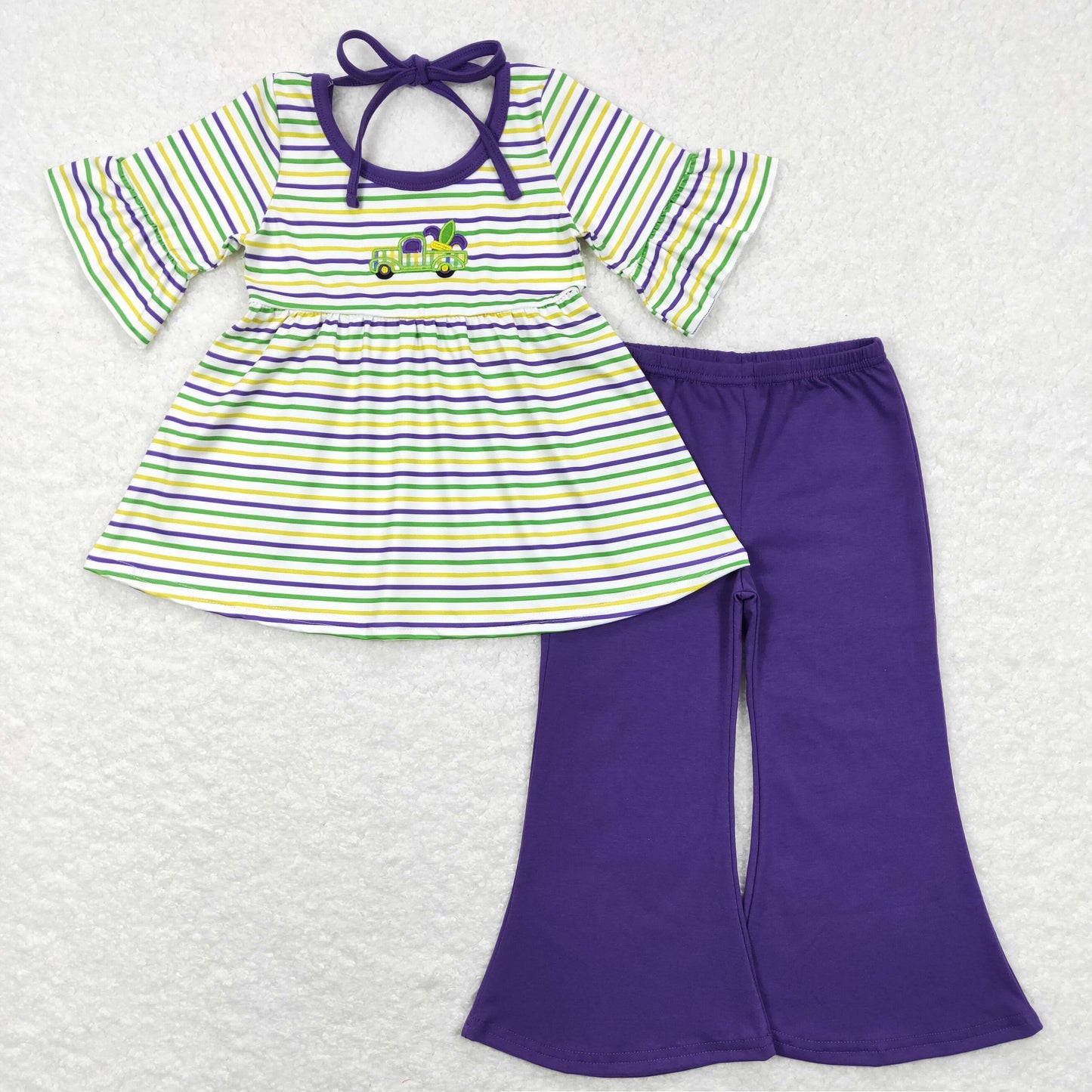 Sibling Baby Boys Girls Short Sleeves Embroidery Trucks Stripes Mardi Gras Romper Set RTS