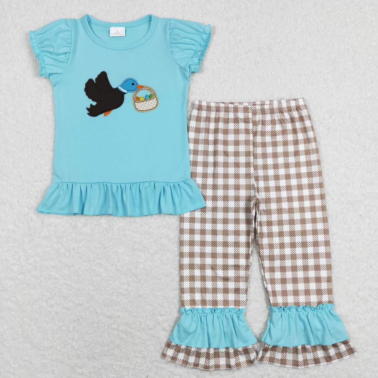 Baby Boy Girl Easter Embroidery Duck Egg Blue Shirt Plaid Pants Sibling Clothes Set