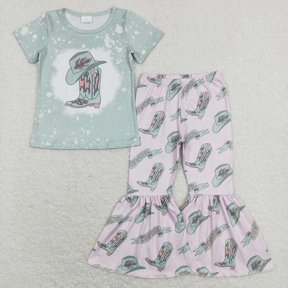 Baby Girl Short Sleeves Western Cactus Cow Shirt Bell Pants Sibling Outfit Clothes RTS