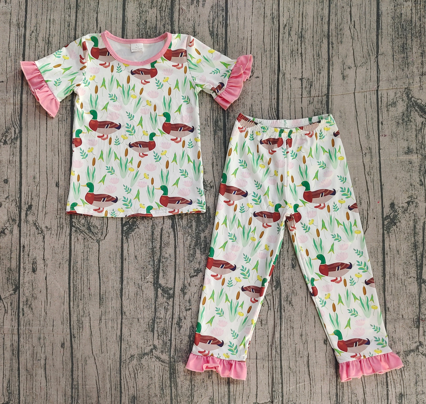 Baby Girls Kids Short Sleeves Ducks Flower Shirt Pants Pajamas Set RTS