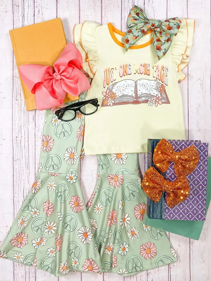 Pre-order Baby Girl Books Shirt Flower Bell Pants Clothes Set