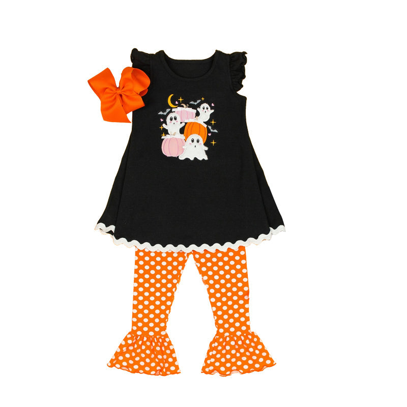 Pre-order Baby Girl Halloween Pumpkin Ghost Tunic Orange Dots Pants Set