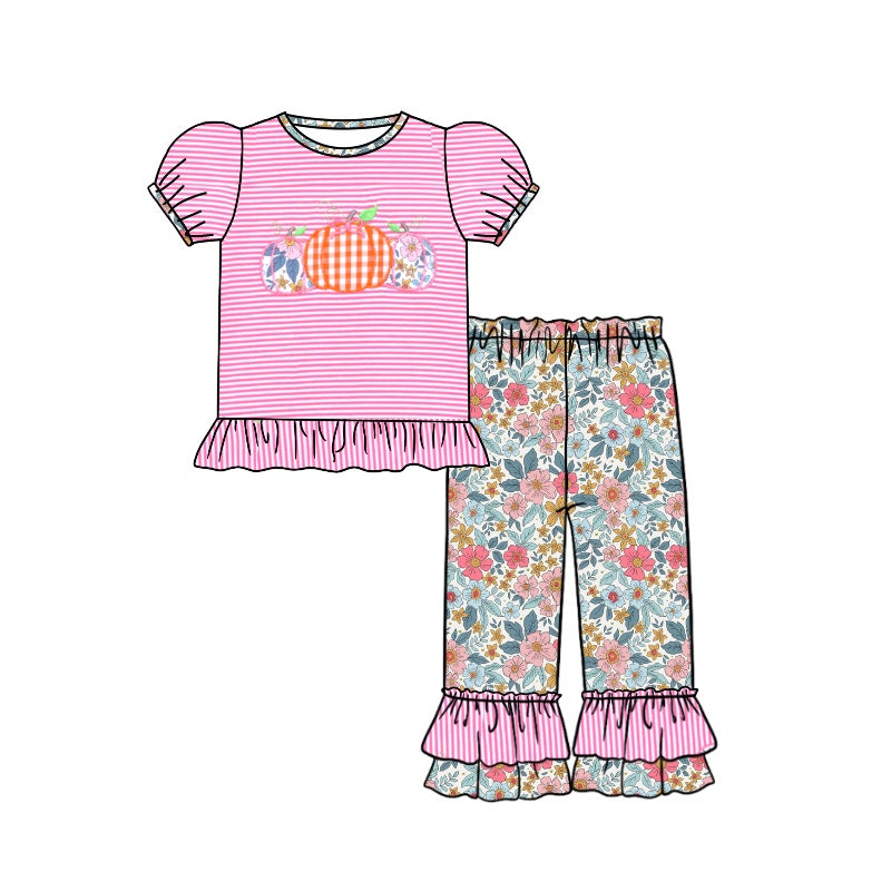 Pre-order Baby Girl Pink Stripes Pumpkin Tops Floral Pants Set