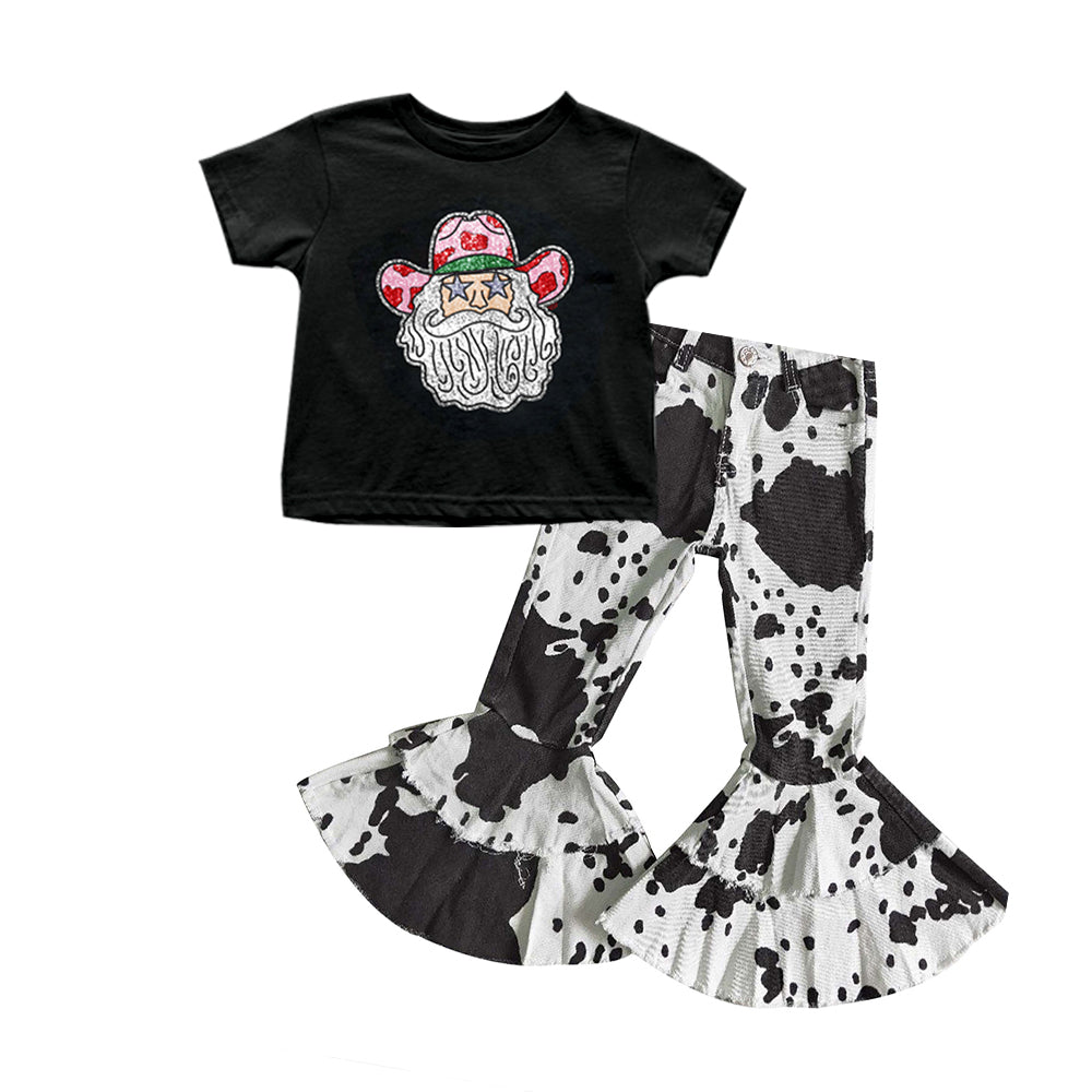 Pre-order Baby Girl Santa Shirt Cow Print Bell Denim Pants Set