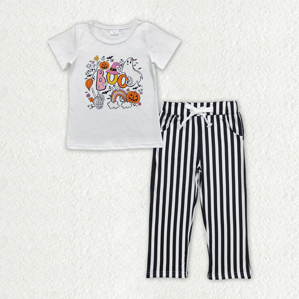 Baby Girl Halloween Boo Shirt Black Stripes Pocket Pants Clothes Set