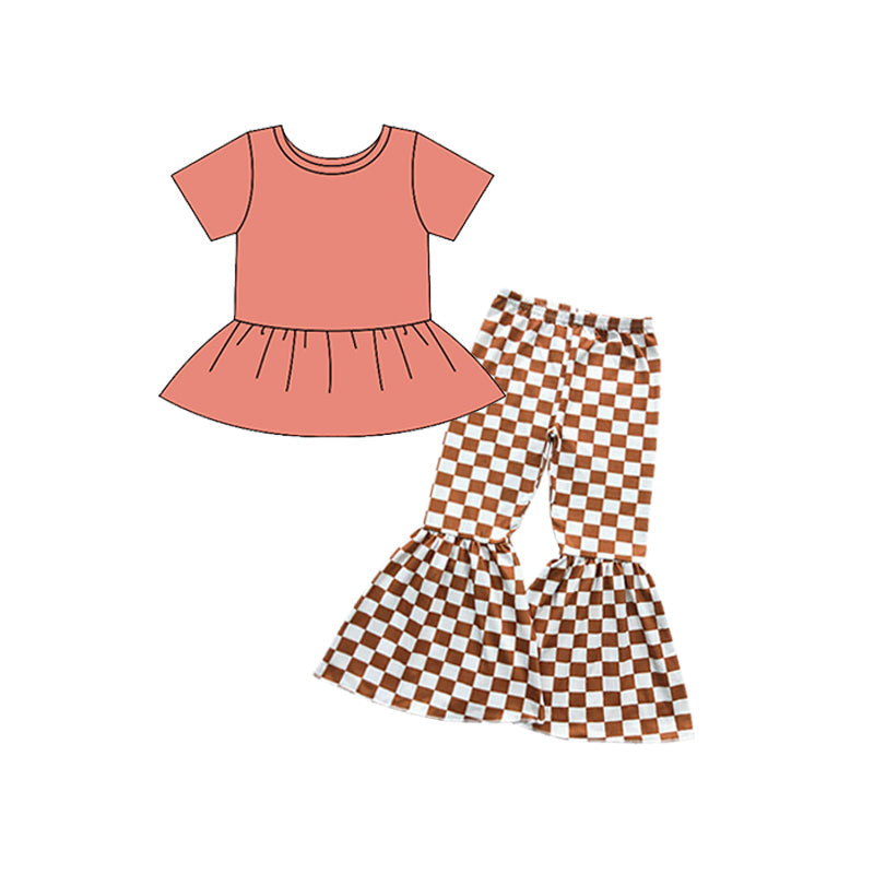 Pre-order Baby Girl Short Sleeves Cotton Tunic Checkered Bell Pants Set