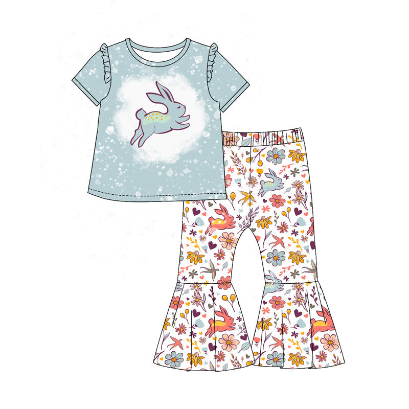 Pre-order Baby Girl Easter Bunny Shirt Flowers Bell Pants Clothes Set