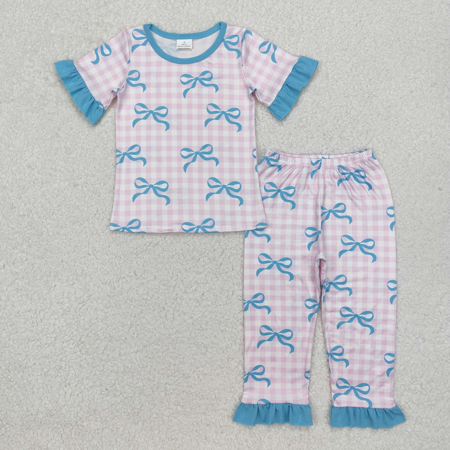 Baby Girl Short Sleeves Checkered Bows Sibling Romper Pajamas Set RTS