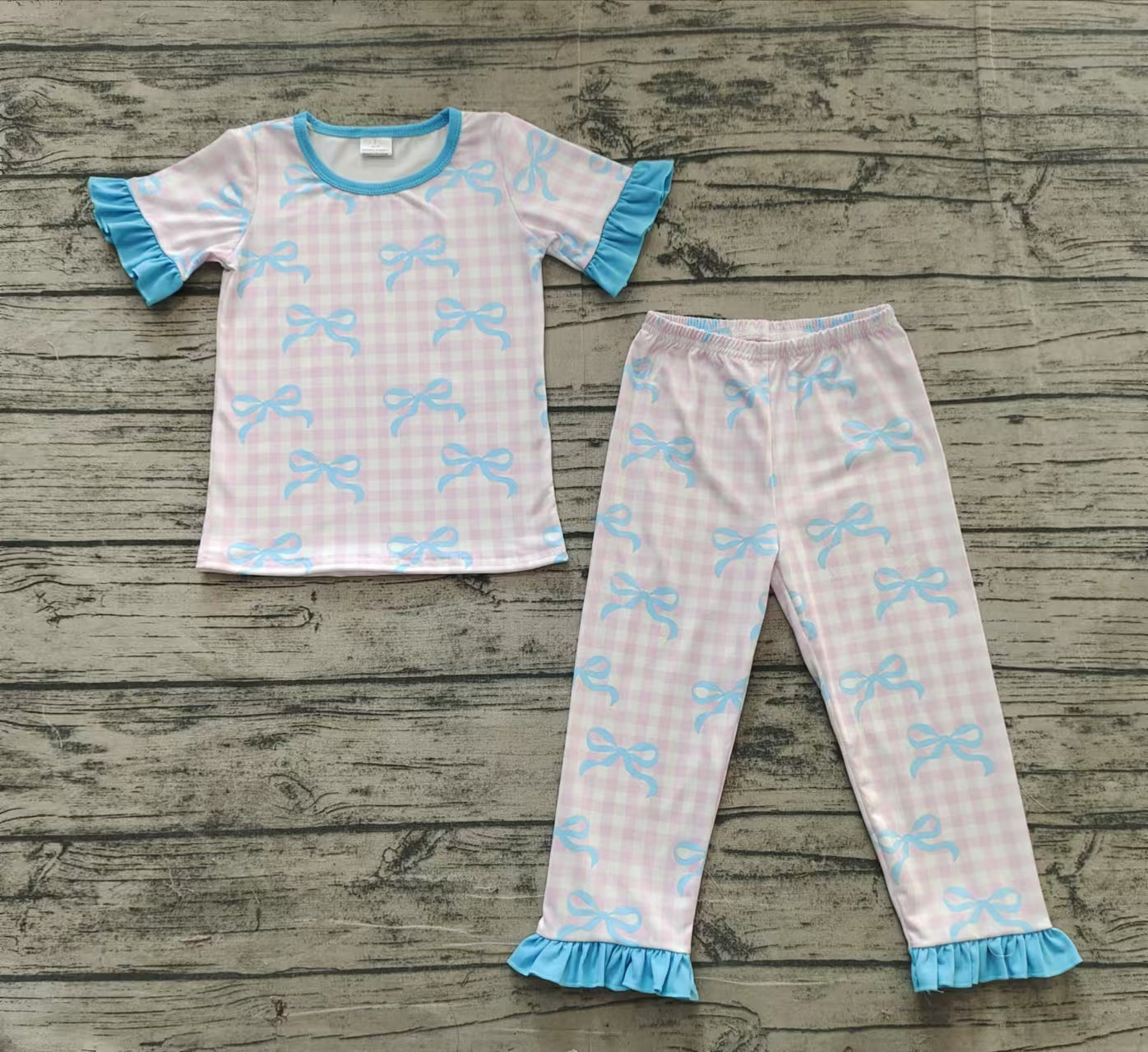 Baby Girl Short Sleeves Checkered Bows Shirt Pants Pajamas Clothes Set