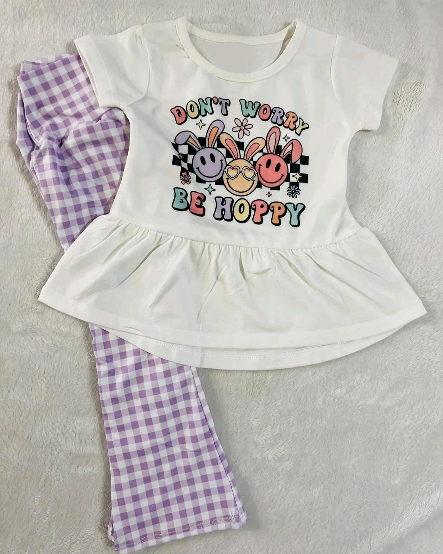 Pre-order Baby Girl Easter Rabbit Tops Purple Plaid Pants Clothes Set