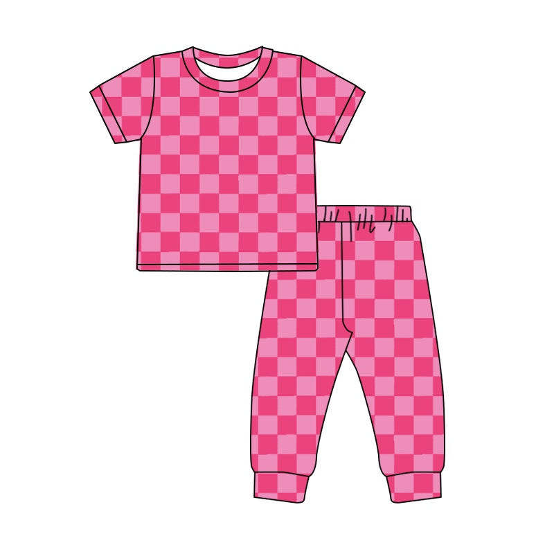 Pre-order Baby Girl Short Sleeves Valentines Pink Checkered Shirt Pants Clothes Set