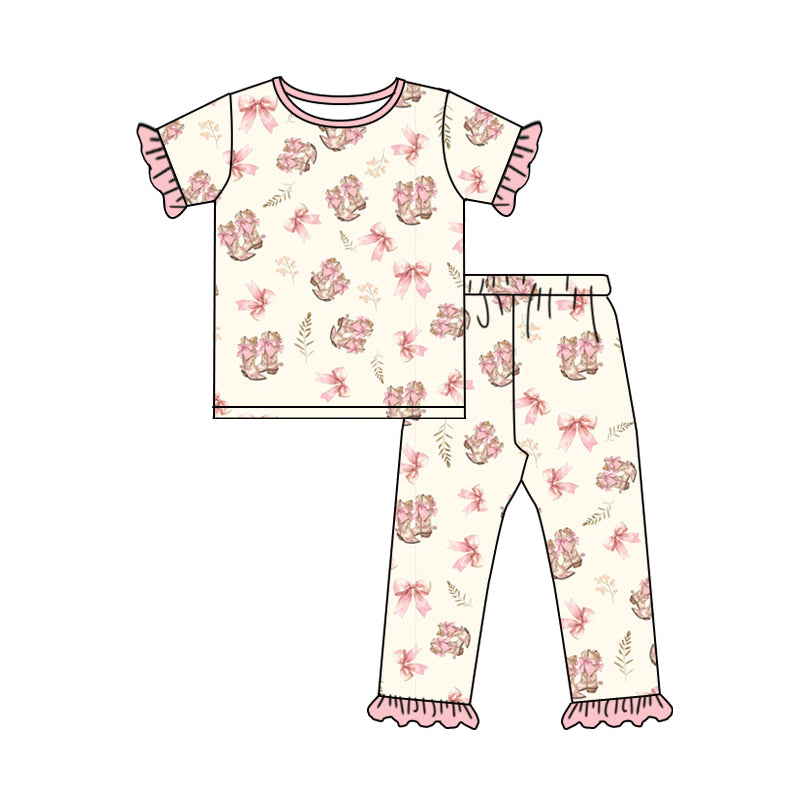 Pre-order Baby Girl Short Sleeves Boots Bows Shirt Pants Pajamas Clothes Western Set