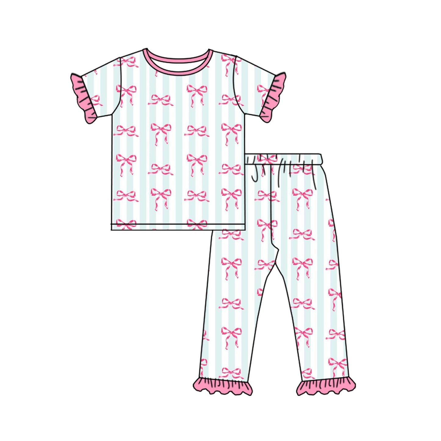Pre-order Baby Girl Long Sleeves Stripes Bows Shirt Pants Pajamas Clothes Set