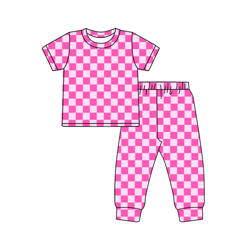 Pre-order Baby Girl Short Sleeves Pink Checkered Shirt Pants Pajamas Clothes Set