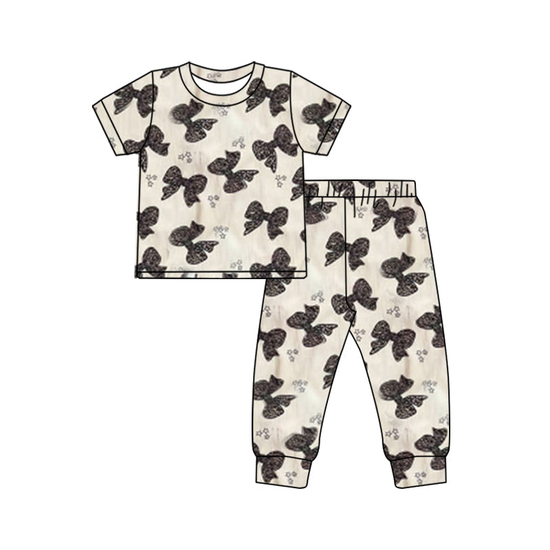 Pre-order Baby Girl Short Sleeves Leopard Bows Shirt Pants Pajamas Clothes Set
