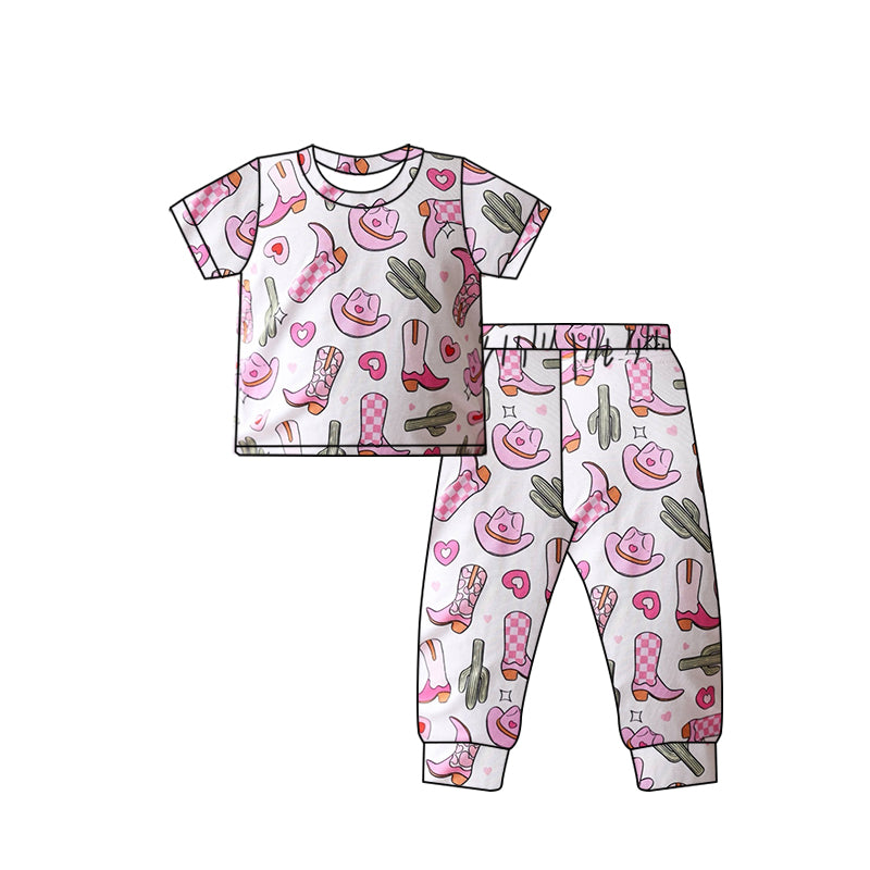 Pre-order Baby Girl Short Sleeves Western Boots Cactus Shirt Pants Pajamas Clothes Set