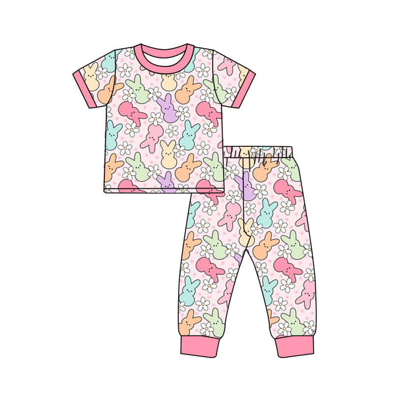 Pre-order Baby Girl Easter Rabbit Flower Shirt Pants Pajamas Clothes Set