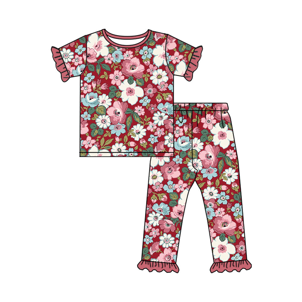 Pre-order Baby Girl Short Sleeves Flower Shirt Pants Pajamas Clothes Set