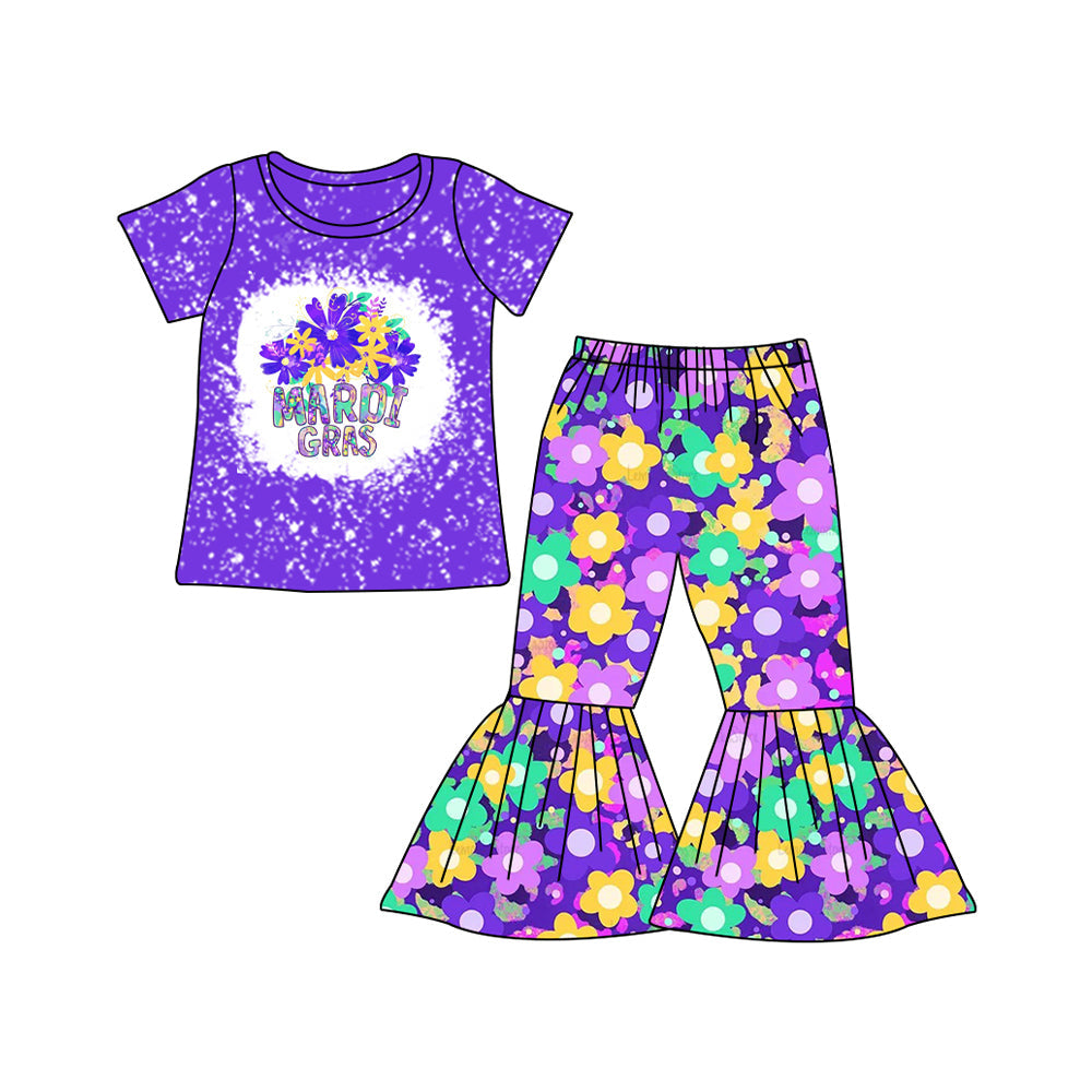 Pre-order Baby Girl Short Sleeves Mardi Gras Flower Shirt Bell Pants Clothes Set