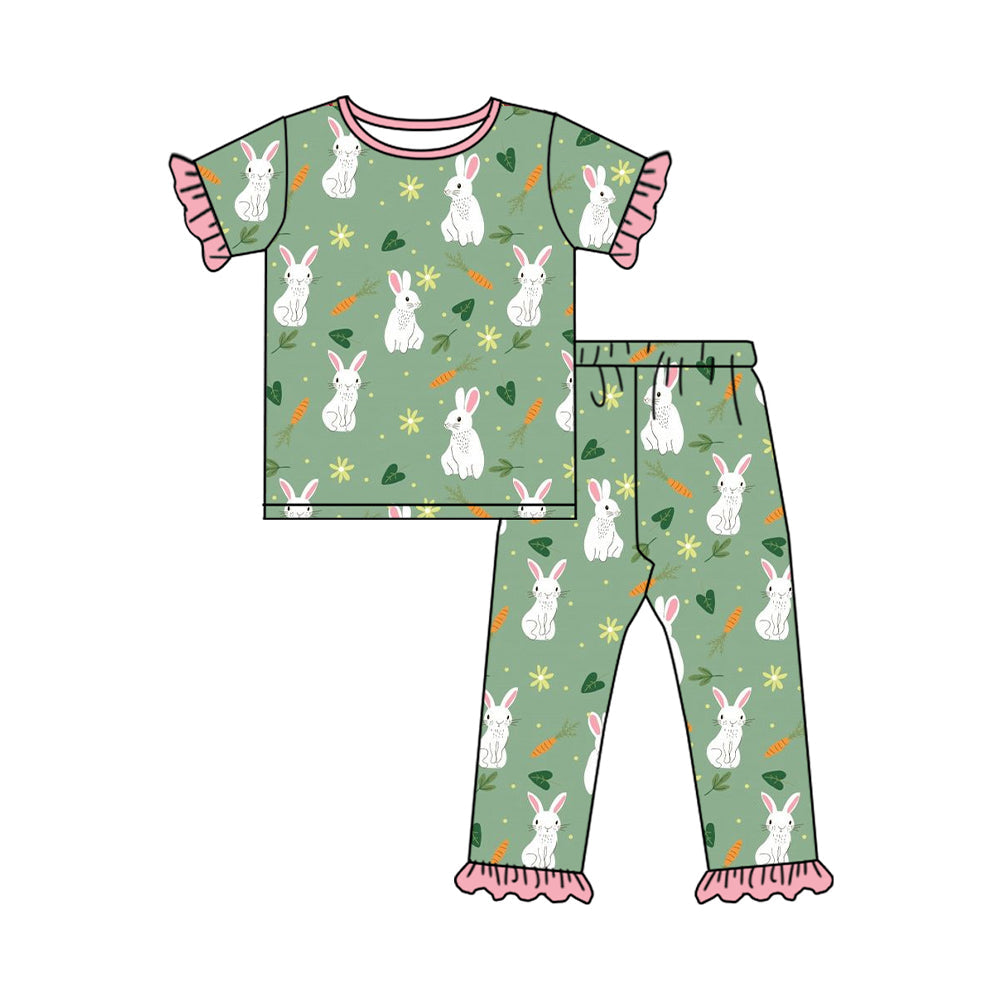 Pre-order Baby Girl Short Sleeves Easter Rabbit Carrots Shirt Pants Pajamas Clothes Set
