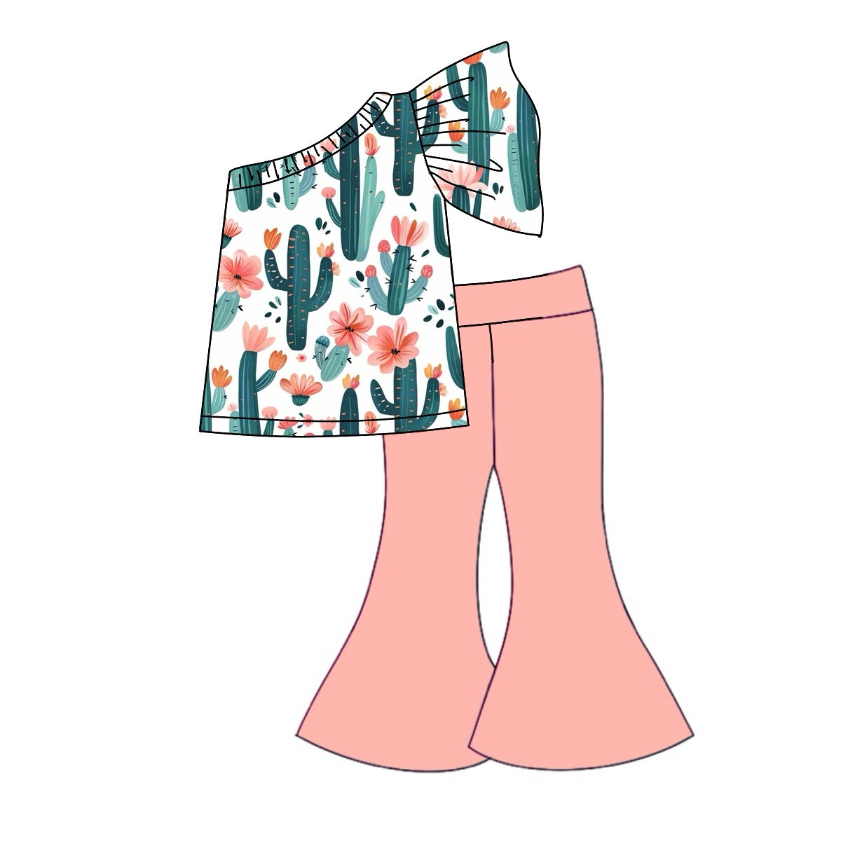 Pre-order Baby Girl Western Cactus Tops Pink Bell Bottom Pants Clothes Set