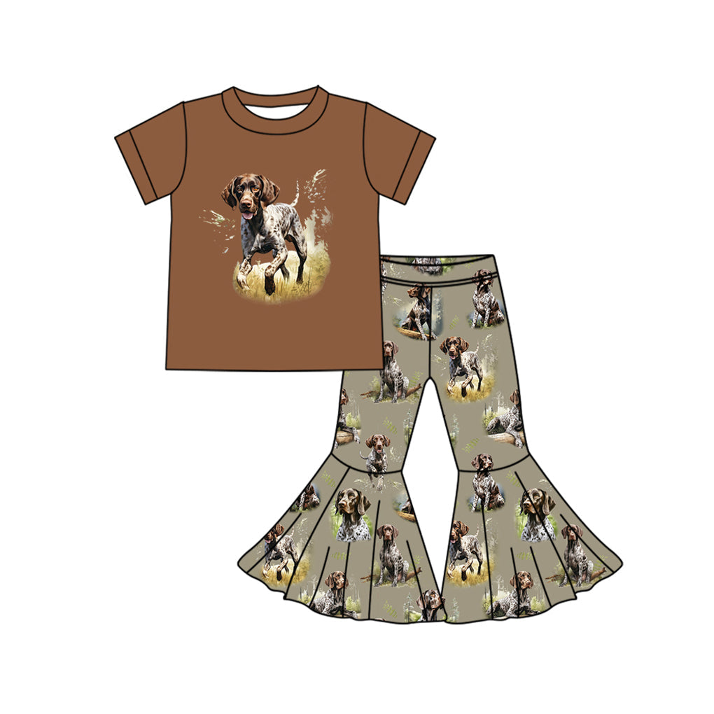 Pre-order Baby Girl Short Sleeves Dog Hunting Field Shirt Bell Pants Outfit Clothes Set