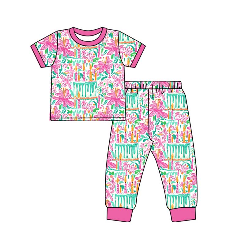Pre-order Baby Girl Short Sleeves Flower Rainbow Shirt Pants Pajamas Clothes Pink Set