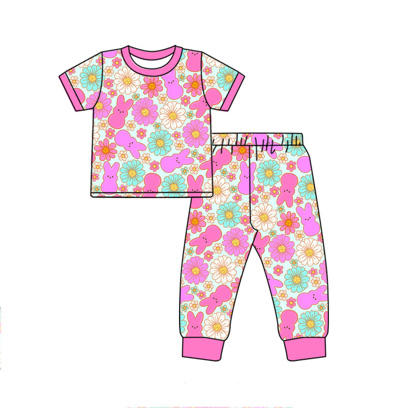 Preorder Baby Girl Easter Rabbits Flower Pink Top Pants Pajamas Clothes Set