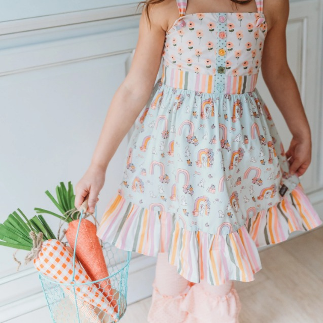 Preorder Baby Girl Easter Flowers Rainbow Straps Tunic Ruffle Pants Clothes Set