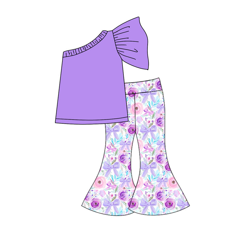 Preorder Baby Girl One Shoulder Purple Shirt Flower Bows Bell Pants Clothes Set