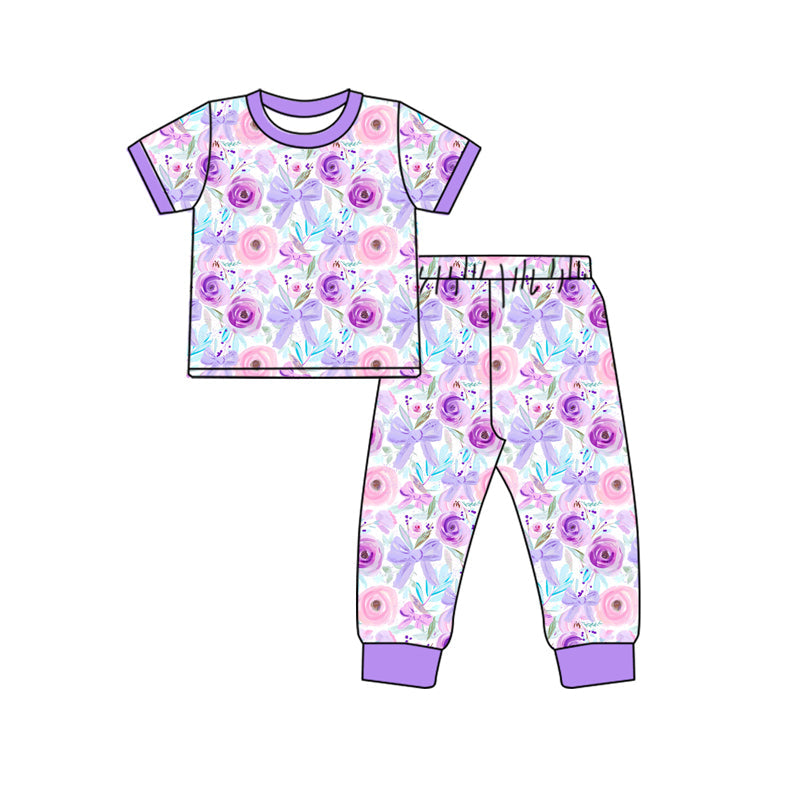 Preorder Baby Girl Purple Shirt Flower Bows Pants Pajamas Clothes Set
