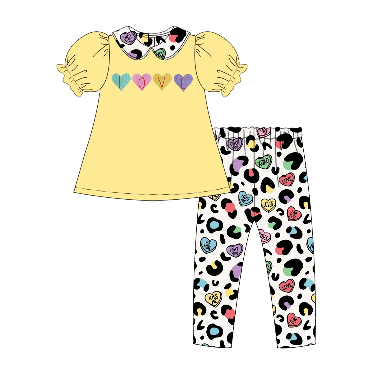 Preorder Baby Girl Short Sleeves Valentines Love Tunic Leopard Pants Clothes Set