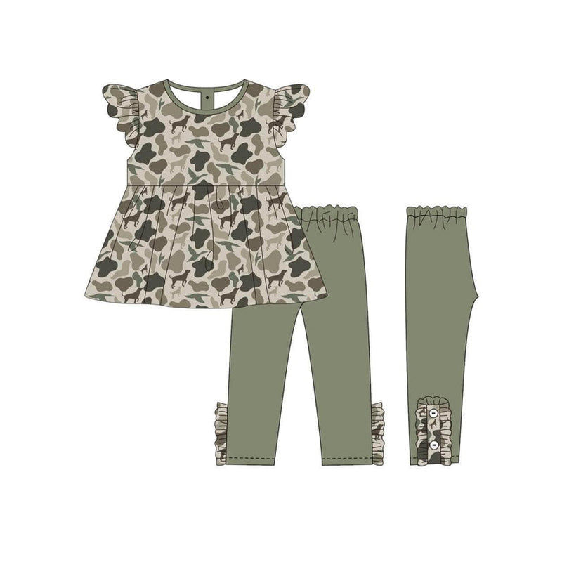 Preorder Baby Girl Camo Dog Duck Tunic Green Ruffle Pants Clothes Set