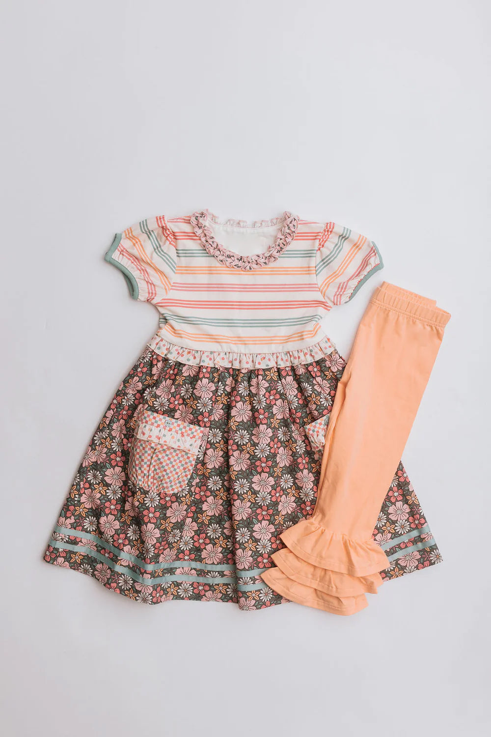 Preorder Baby Girl Short Sleeves Stripes Flower Pocket Tunic Cotton Ruffle Pants Clothes Set
