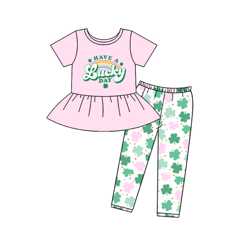 Preorder Baby Girl Short Sleeves Pink St Patrick Lucky Tops Legging Clothes Set