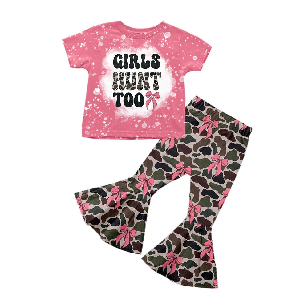 Preorder Baby Girl Short Sleeves Pink Shirt Bows Camo Bell Pants Set