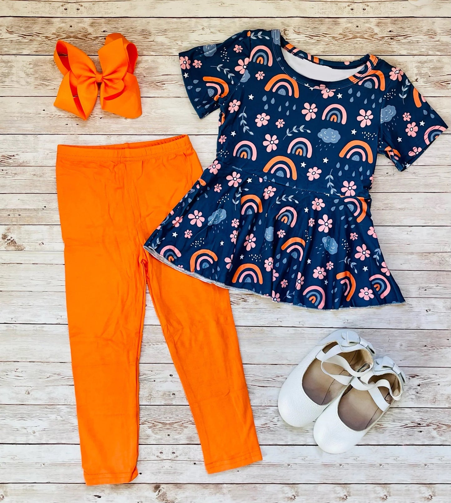 Preorder Baby Girl Short Sleeves Rainbow Flower Tunic Cotton Legging Clothes Set