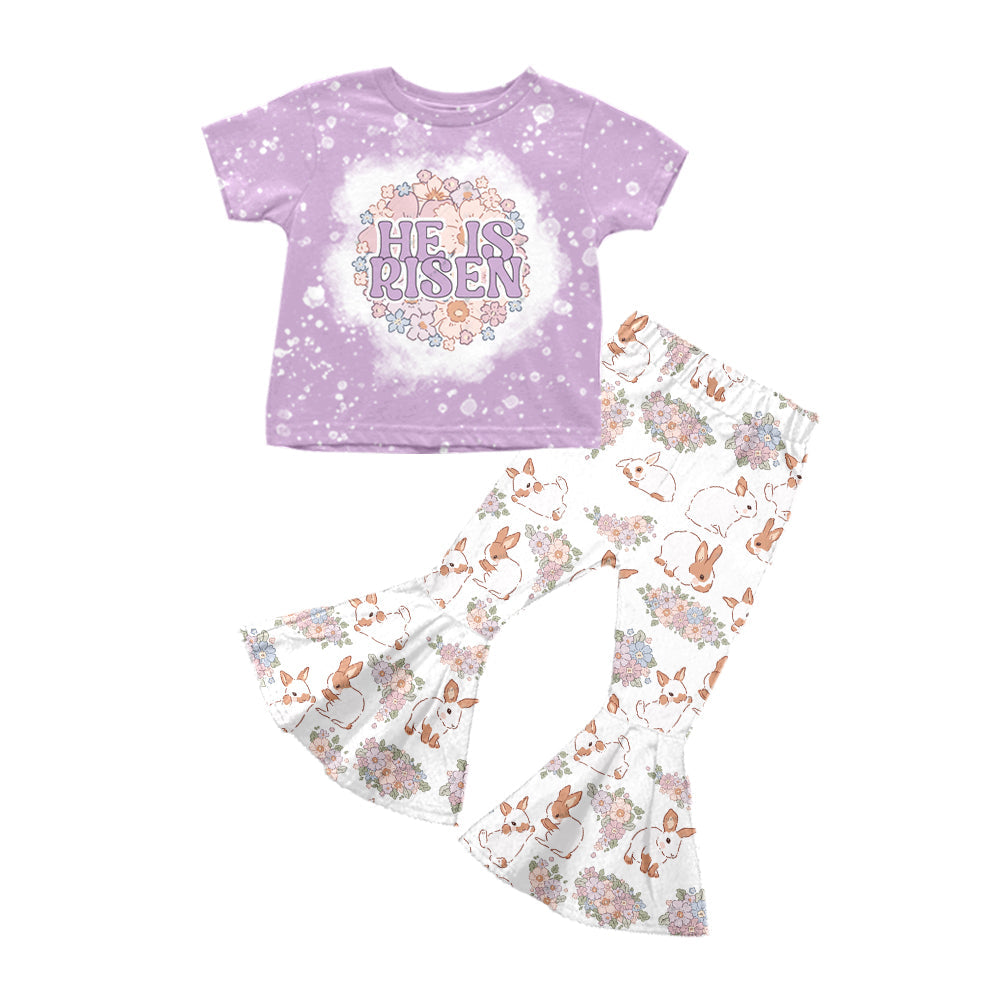 Preorder Baby Girl Purple Short Sleeves He Is Risen Shirt Rabbit Flower Bell Pants Easter Clothes Set