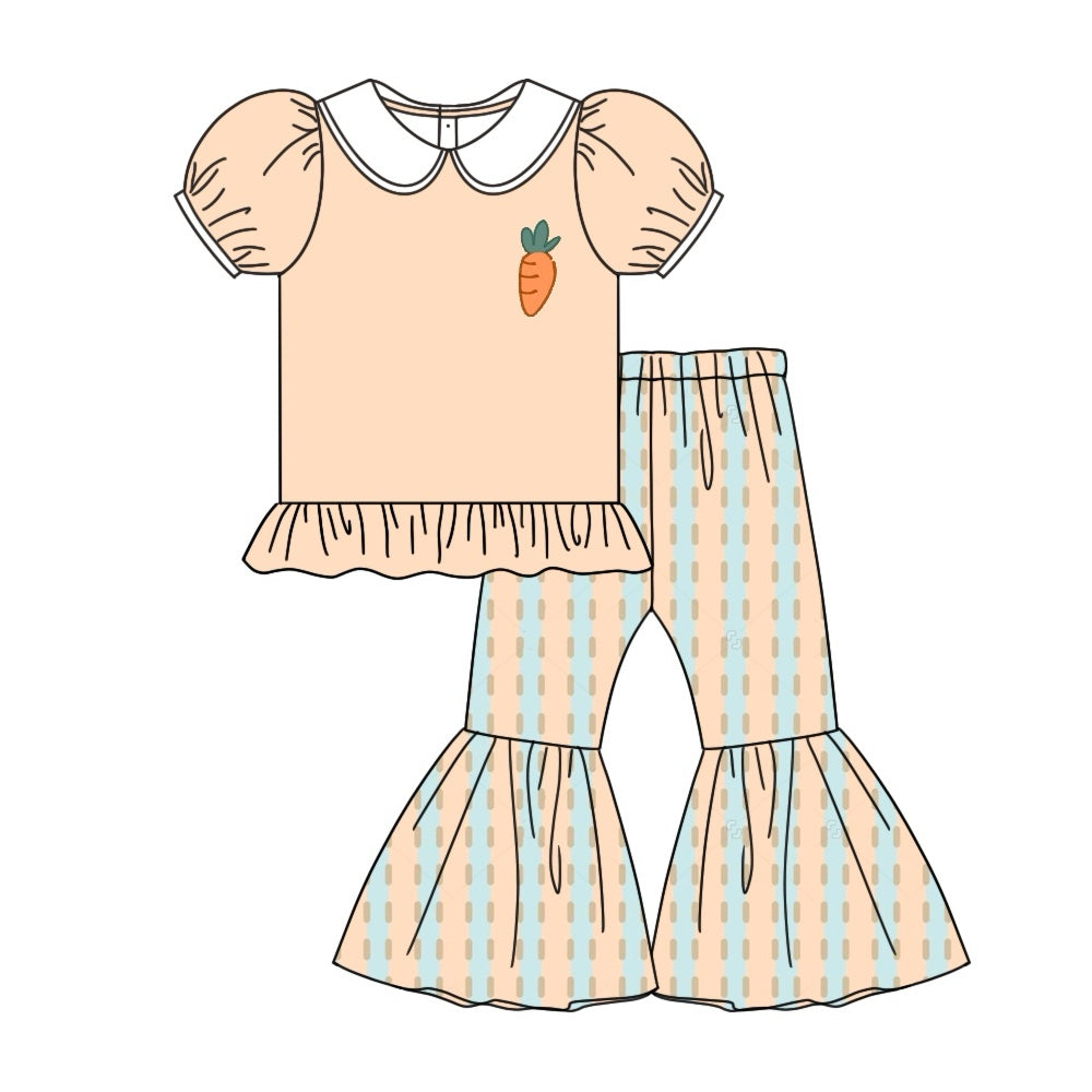 Preorder Baby Girl Short Sleeves Easter Carrot Shirt Plaid Bell Pants Clothes Set