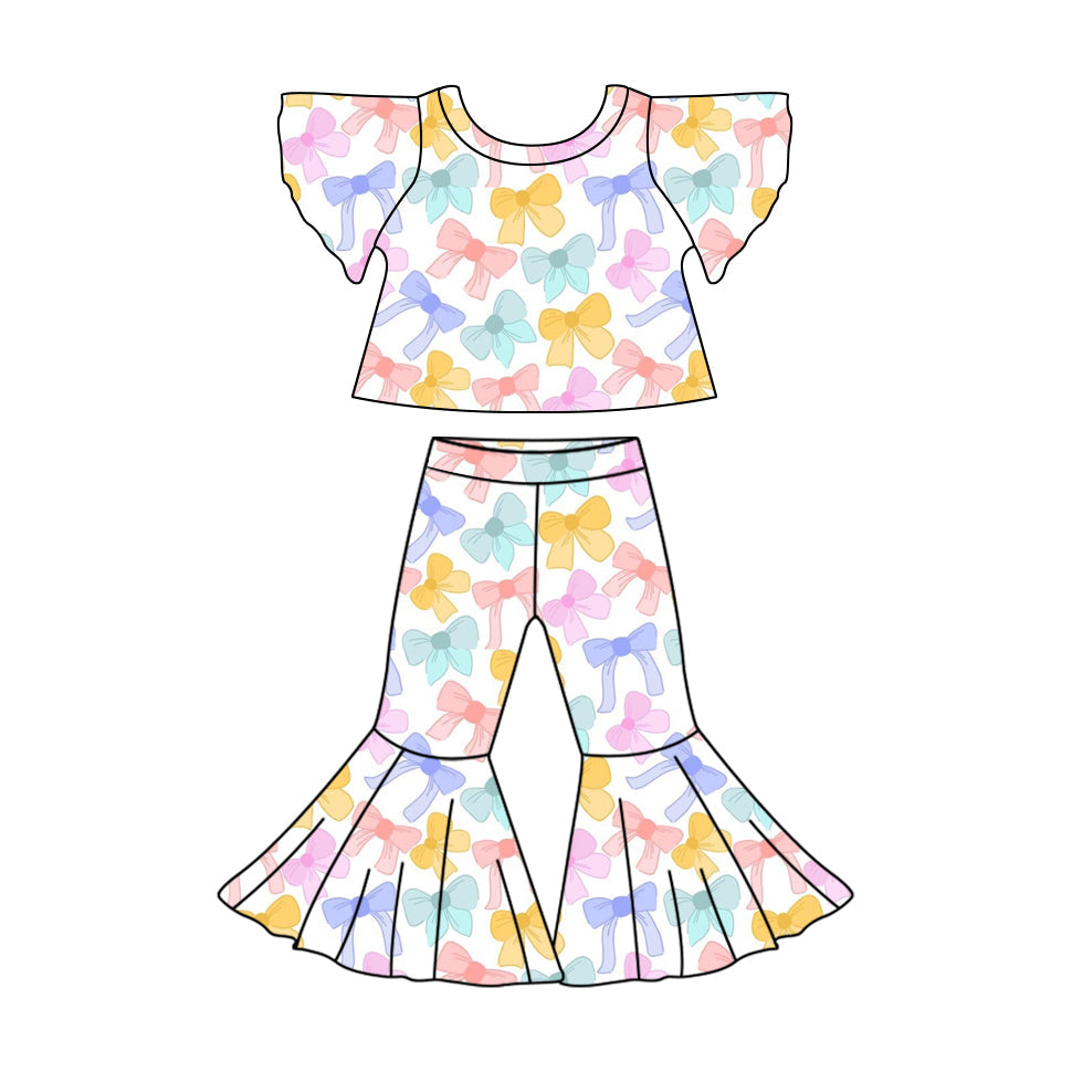 Preorder Baby Girl Flutter Sleeves Colorful Bows Shirt Bell Pants Clothes Set