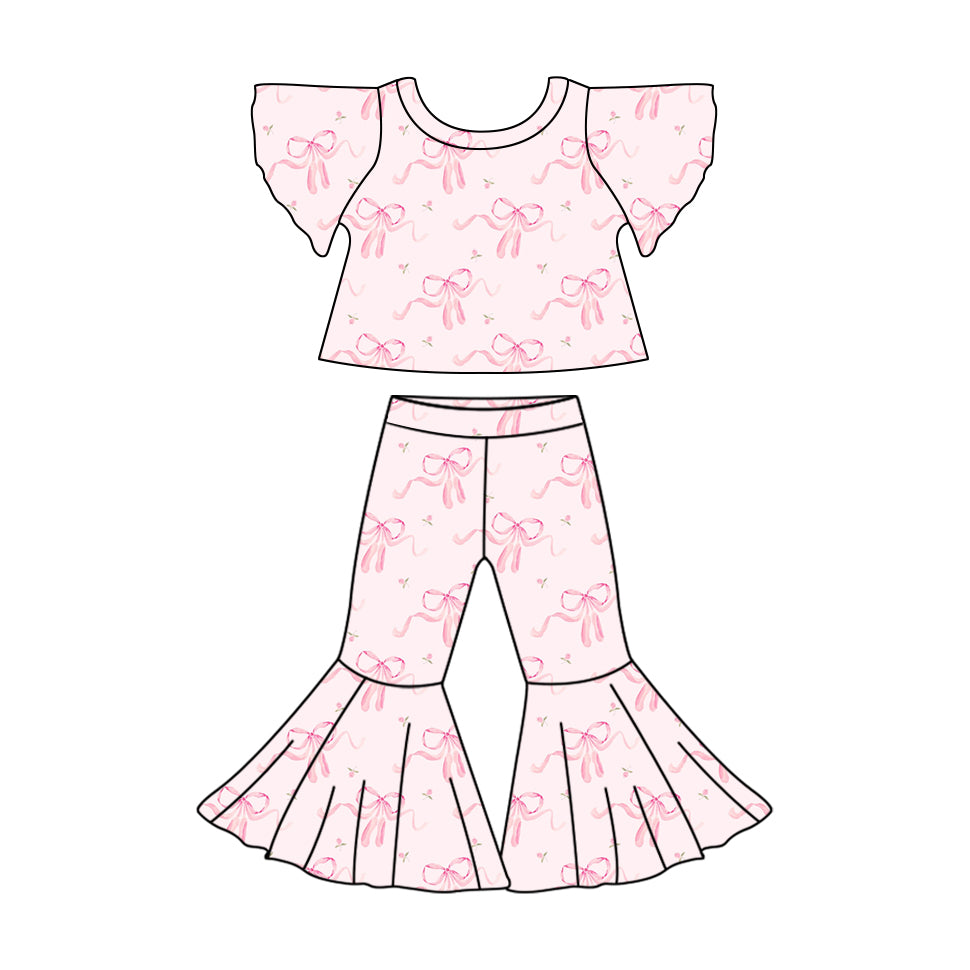 Preorder Baby Girl Flutter Sleeves Pink Bows Shirt Bell Pants Clothes Set