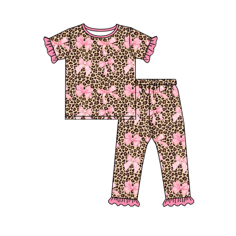 Preorder Baby Girl Short Sleeves Leopard Pink Bows Shirt Pants Pajamas Set