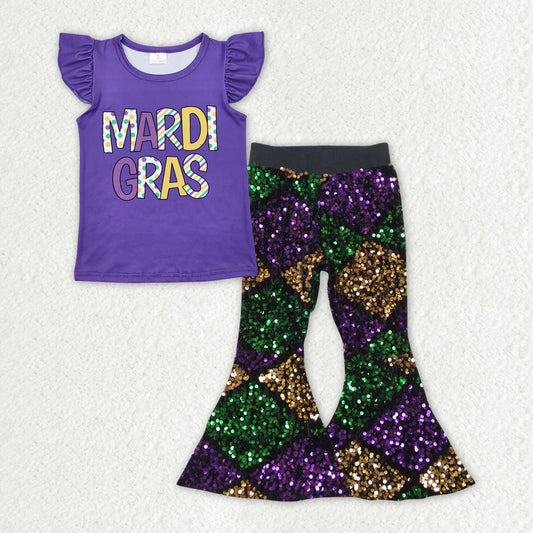 Baby Girl Short Sleeves Mardi Gras Purple Shirt Sequins Pants Clothes Set